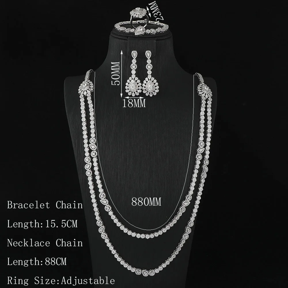 EYER Luxury 4PCS Bridal Double Chain Long Necklace Jewelry Sets For Women Party Banquet CZ Zircon Crystal Wedding Accessories