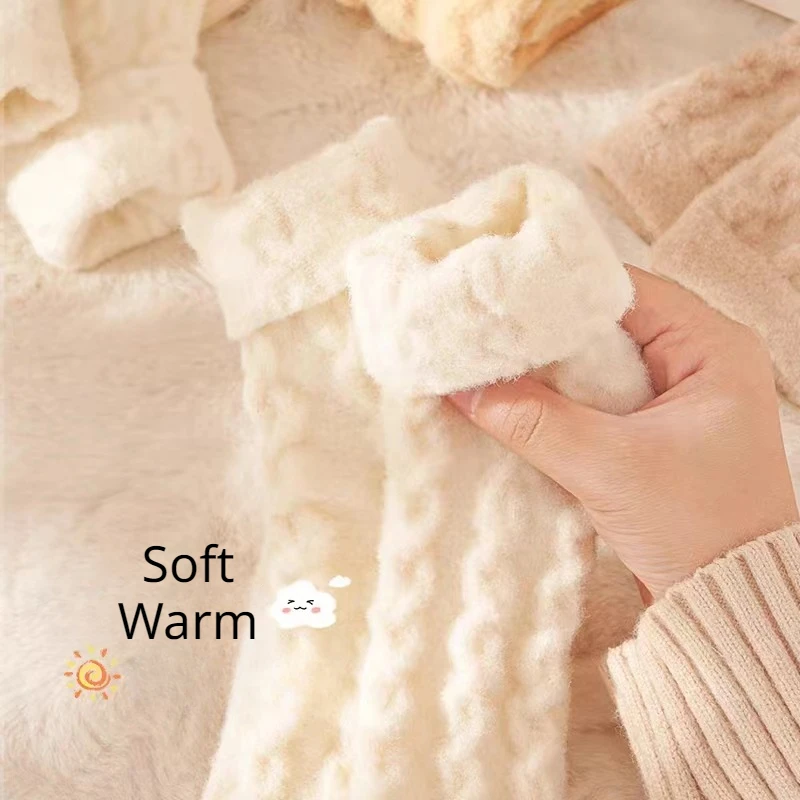 7 Pairs Plush Thick Socks,Women's Medium Length Socks, Autumn and Winter Thickened Warm Wool Socks,Solid Color Versatile Kawaii