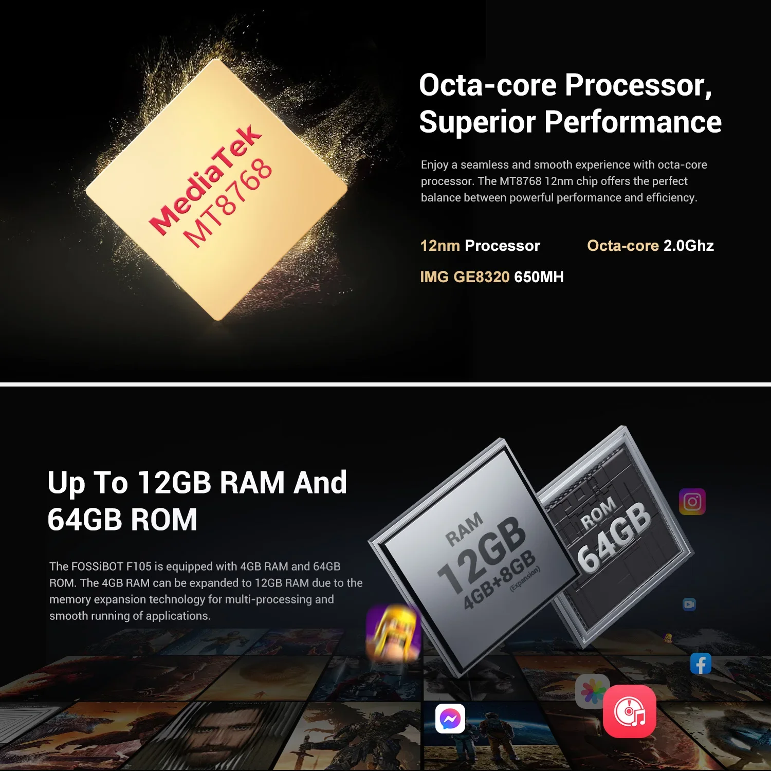 Fsibot-هاتف ذكي متين f105 ، بوصة hd + ips ، أندرويد 14 os ، 10 mah ، 12 + 64gb ، كاميرا 20 mb