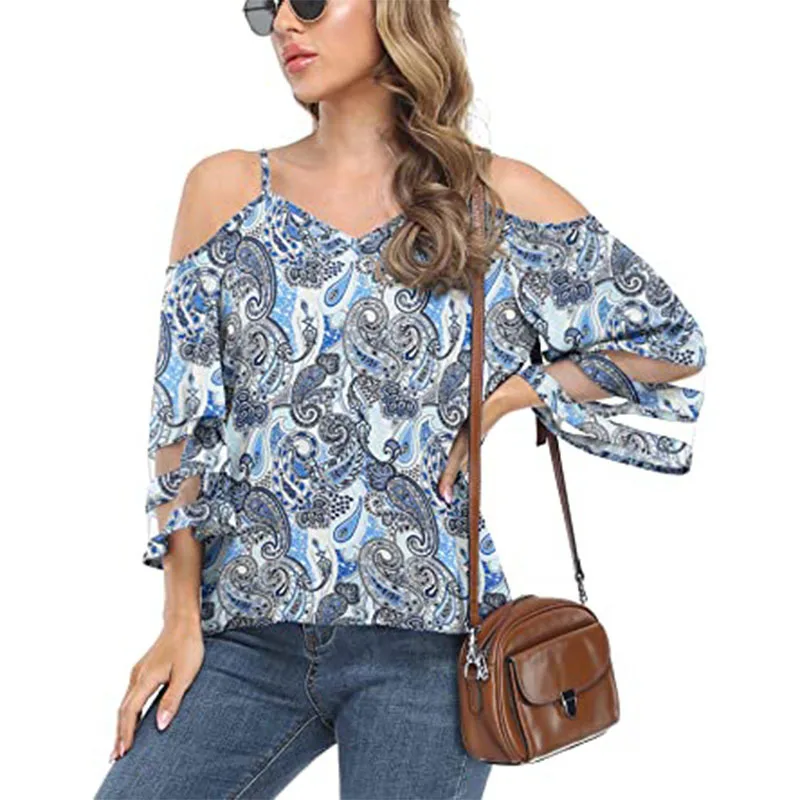 Women Sexy Off Shoulder Mesh Patchwork Blouses Summer Trendy V Neck 3/4 Sleeve Loose Shirts Vintage Paisley Print Blusas Mujer