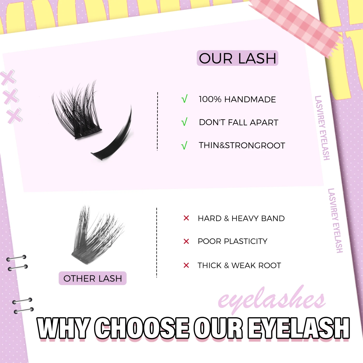 LASVIREY Aplique pestanas postiças DIY, pestanas postiças estilo manga com efeito espetado, pestanas individuais volumosas com curvatura D, extensão de pestanas mistas de vison. Maquilhagem.