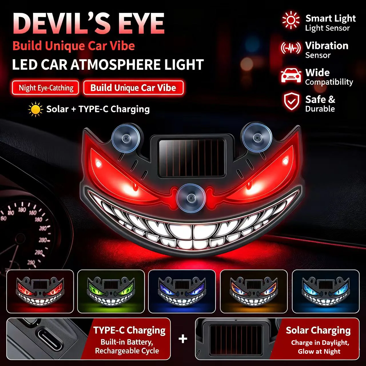 Светодиодный автомобильный предупреждающий стробоскоп Devil's Face Sensor на солнечной энергии, многоцветный мигающий сигнальный фонарь безопасности на присоске для лобового стекла