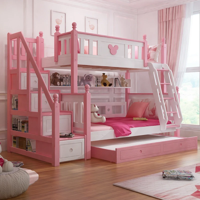 Solid wood mother-child bed Princess children's high and low beds Modern simple women should bunk pink adult mother-child bunk b