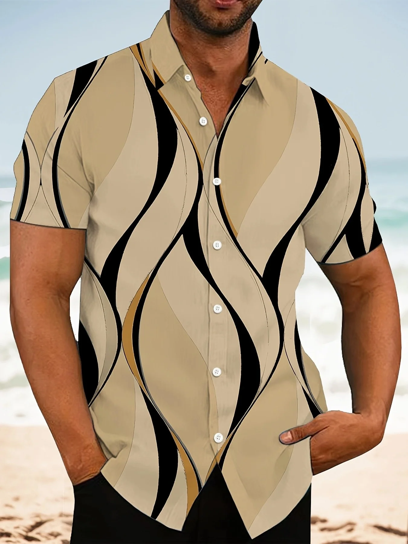 Men's Shirt Abstract Wavy Stripe Print Batwing Short Sleeve Lapel Button Down Summer Casual Tops Men Clothing