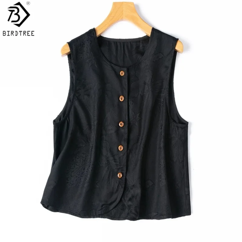 Birdtree, 100% Real Silk Jacquard Tank Top, Woman's Black Single Breasted Tops, O-neck Spun Silk Vest, 2026 Autumn New T69519JF