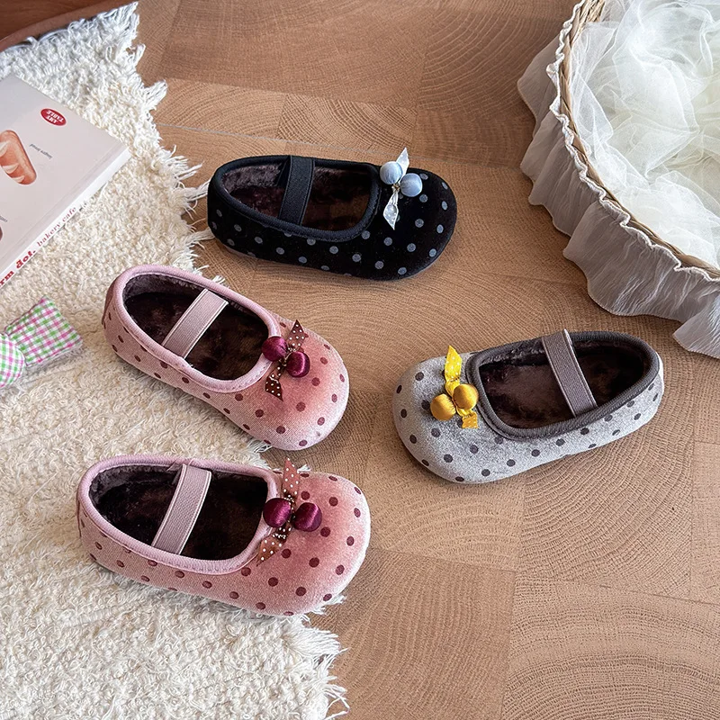 Girls' Casual Shoes, Polka Dot Princess Cute Bow Spring Autumn 2026 Suitable Toddlers, Medium Large Children Wedding Party