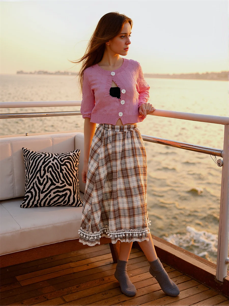 

Клетчатые юбки-миди, женские сетчатые тюлевые юбки для банкета и вечеринки, расклешенные оборки, школьная форма, аппликация, милые складки, классические удобные летние