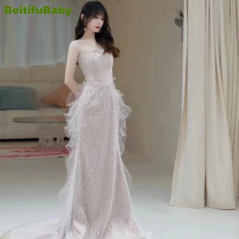 

BeitifuBaby Fishtail Wedding Party Dresses for Women Elegant Retro Heavy Industry Strapless Sequins Skirts Banquet Evening Dress