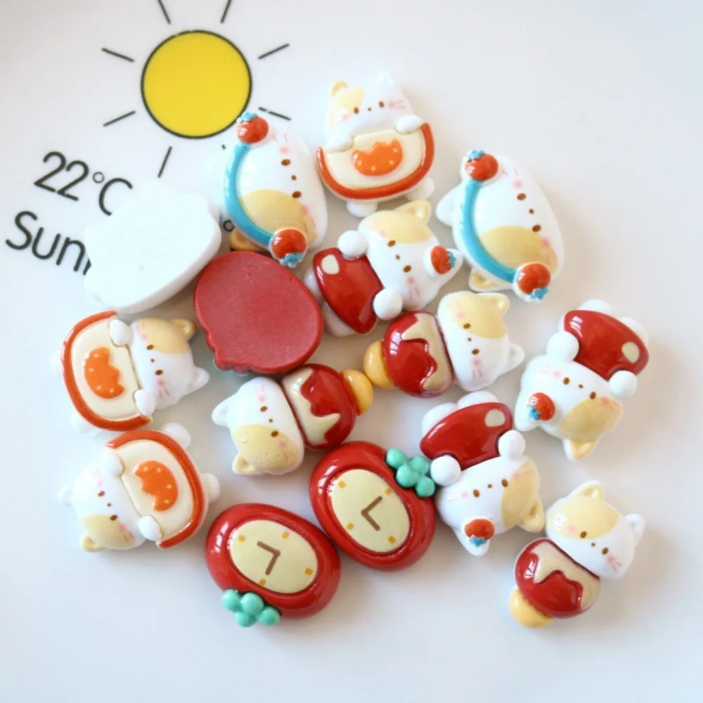 10pc Mini Kawaii Cat Tomato Clock Charms Resin Flat Back Cabochons Scrapbook Diy Party Hairpin Accessories Home Decoration Craft