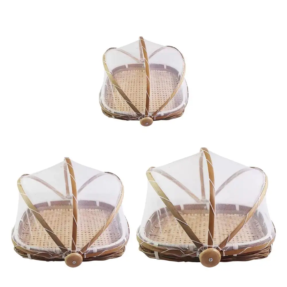 Hand-Woven Bamboo Food Serving Tent Basket Tray Fruit Vegetable Bread Storage Basket Kitchen Outdoor Picnic Mesh Net Cover