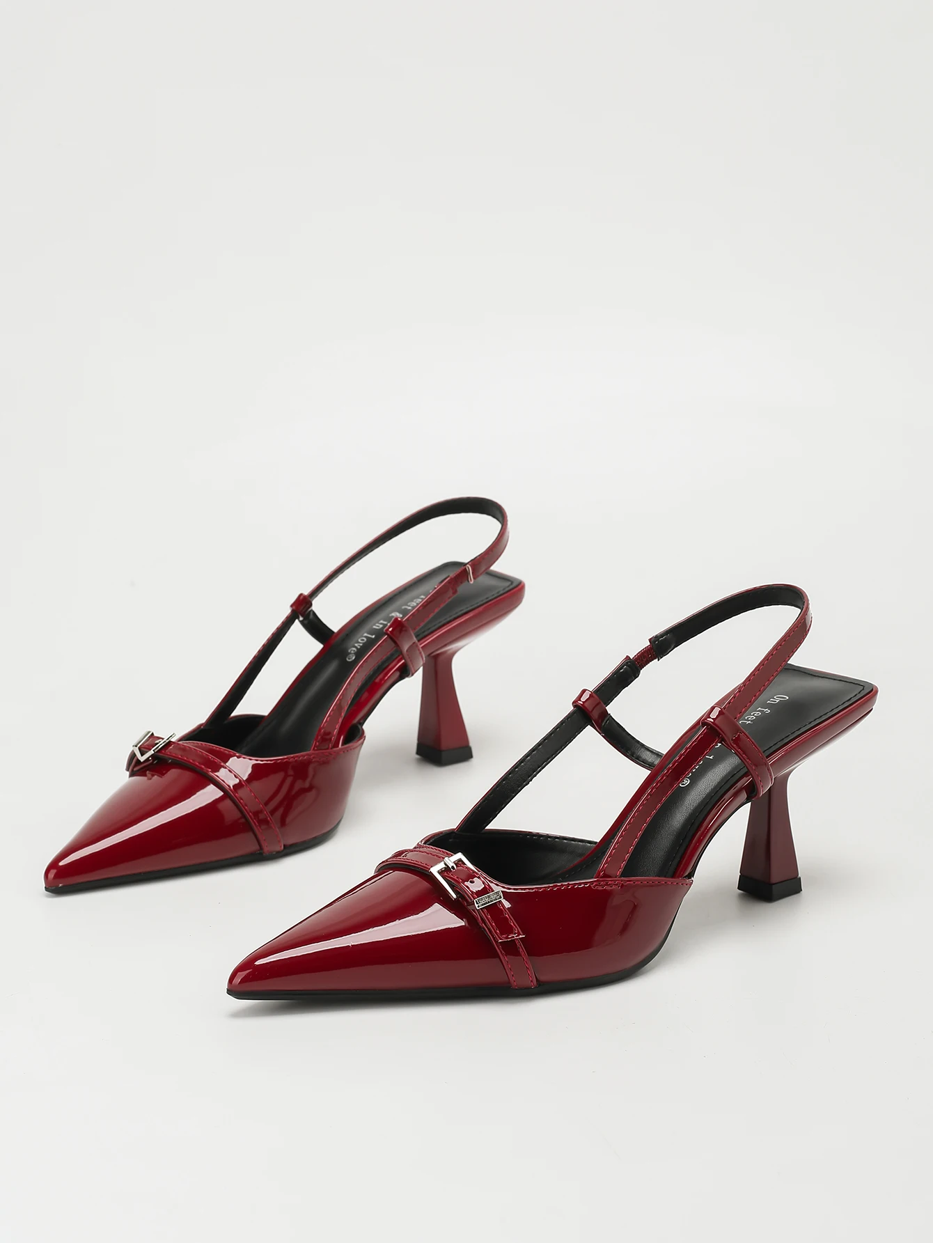Women's Patent Leather Pointed Toe Slingback Heeled Sandals, Wine Red Buckle Strap Mid Heel Pumps, Elegant Retro Backless Shoes