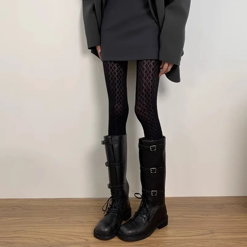 Women's Burnt Orange Wave Pattern Tights High Waist Stretch Pantyhose Retro Y2K Textured Stockings for Autumn Winter Streetwear