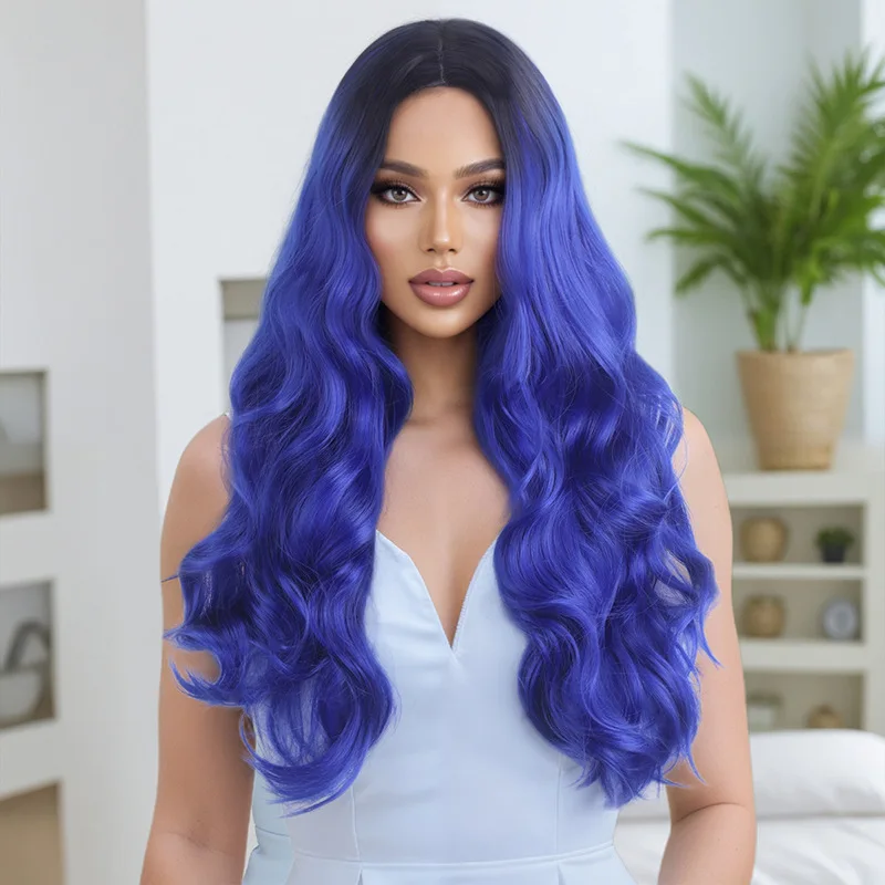 Nueva peluca teñida media negro cambio Gradual azul pelo largo y rizado peluca de temperamento de moda tocado