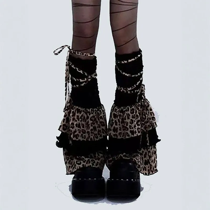 Y2K Black Fluffy Hairy Leopard Print Leg Warmer Women's Retro Lolita Strap Adjustable Stockings Legging  Fashionable Clothing