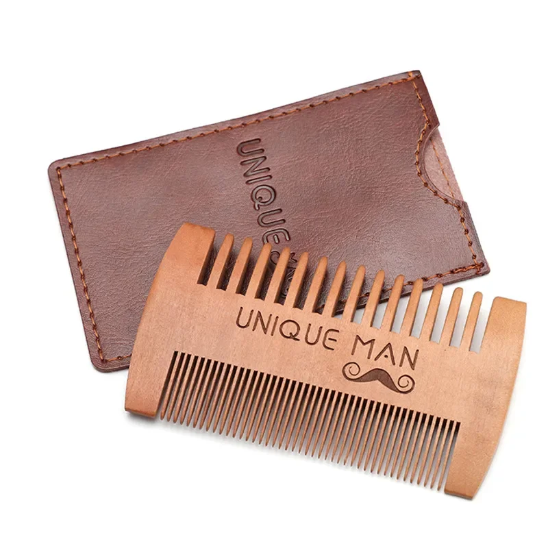 Beard Comb Kit Barba for Men Portable Pocket Wooden Comb with PU Leather Case Beard Brush Care for Men's Beard Hair Peine Barba