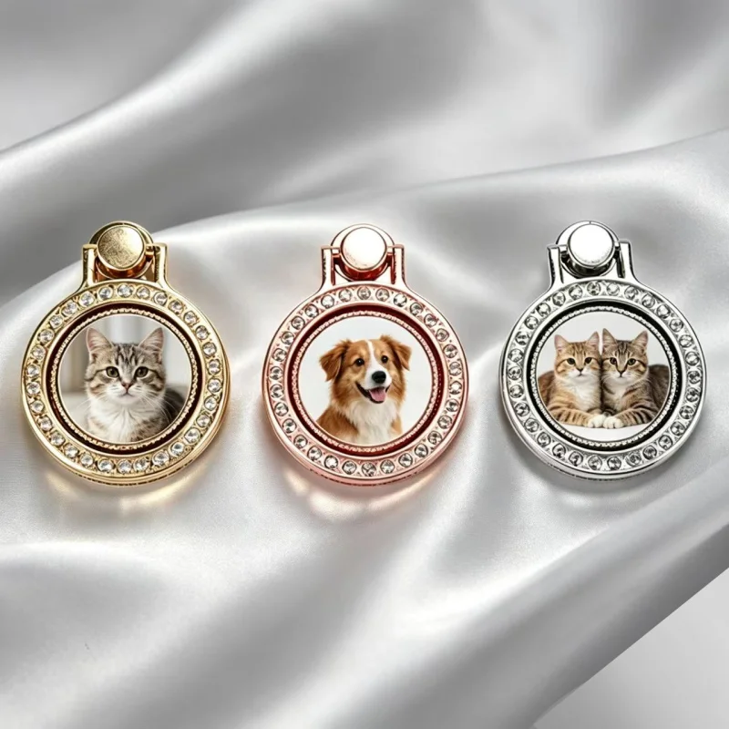 Customizable phone stand with photo, rotates into a ring holder, personalized DIY photo, rhinestone design, unique and delicate