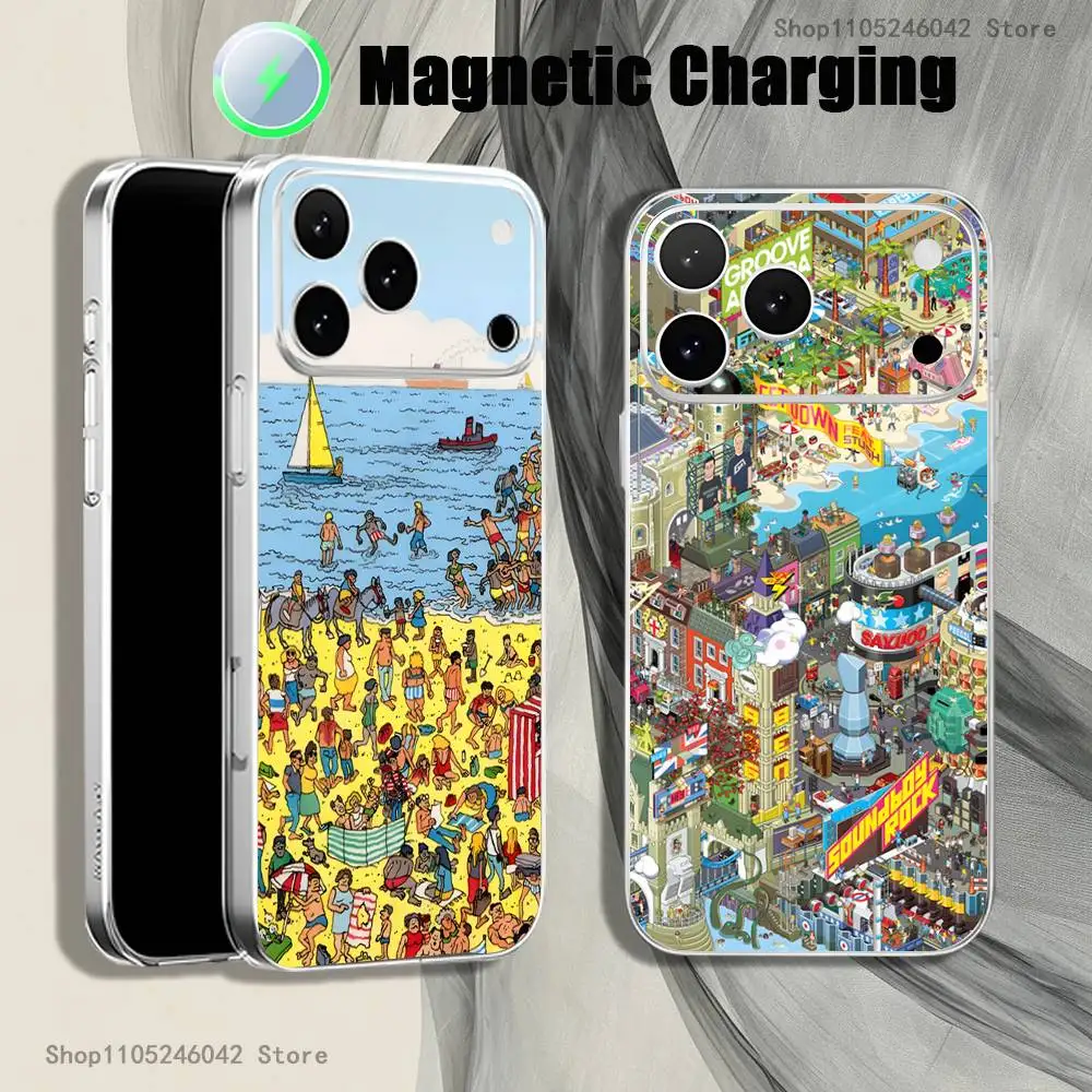 Game Wheres W-WallyS Waldo Book Transparent White Phone Case For iPhone 17,16,15,14,13,12,11,Pro,Max Magnetic Wireless Charging