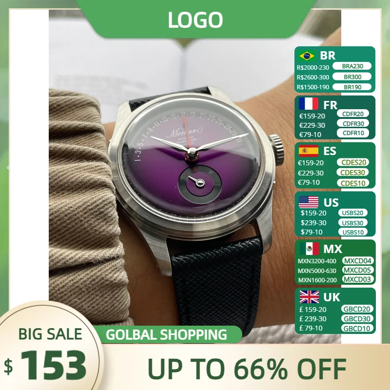 جديد MERKUR متعدد الوظائف التقويم تحلق الظهر التلقائي الميكانيكية الأرجواني الهاتفي فستان ريترو ساعة جلدية أزياء رجولنديين