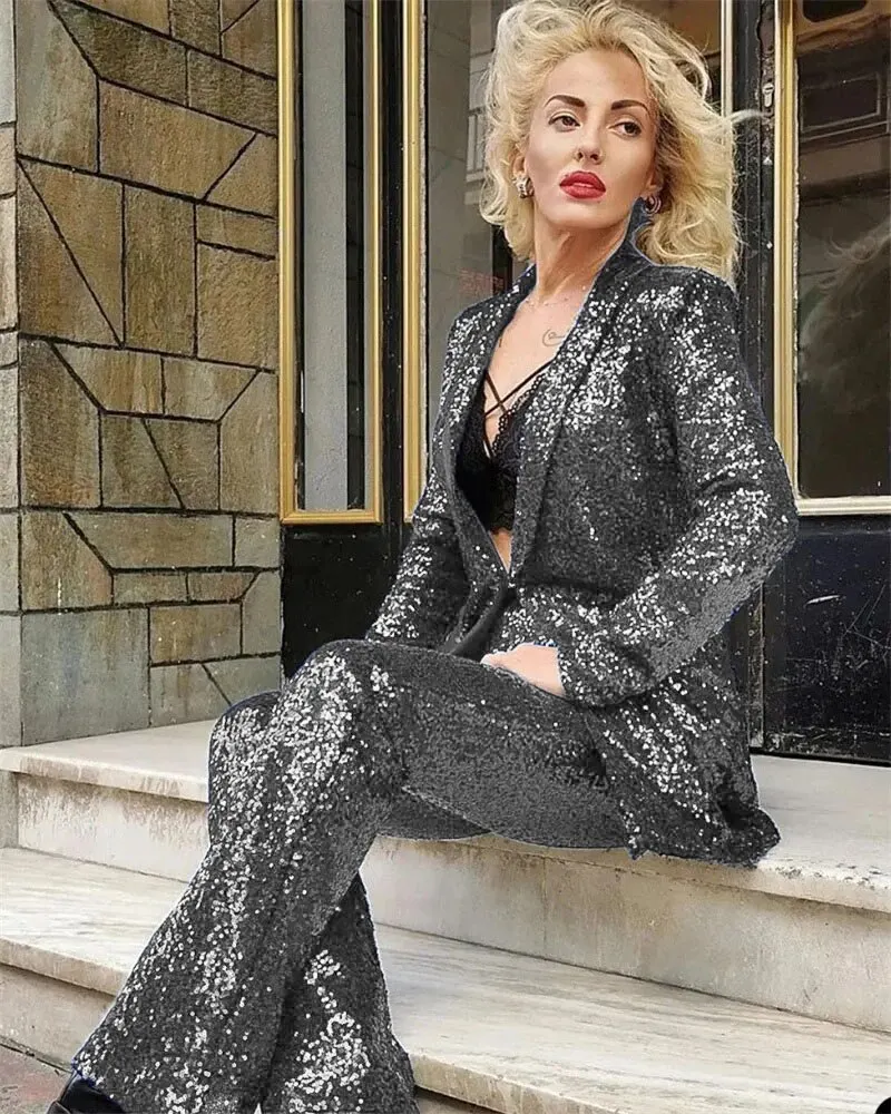 Tesco Elegant Women Sequined Blazer + Straight Pants Two-piece Sparkling Fashion Lady Jacket Birthday Party Suit ropa de mujer