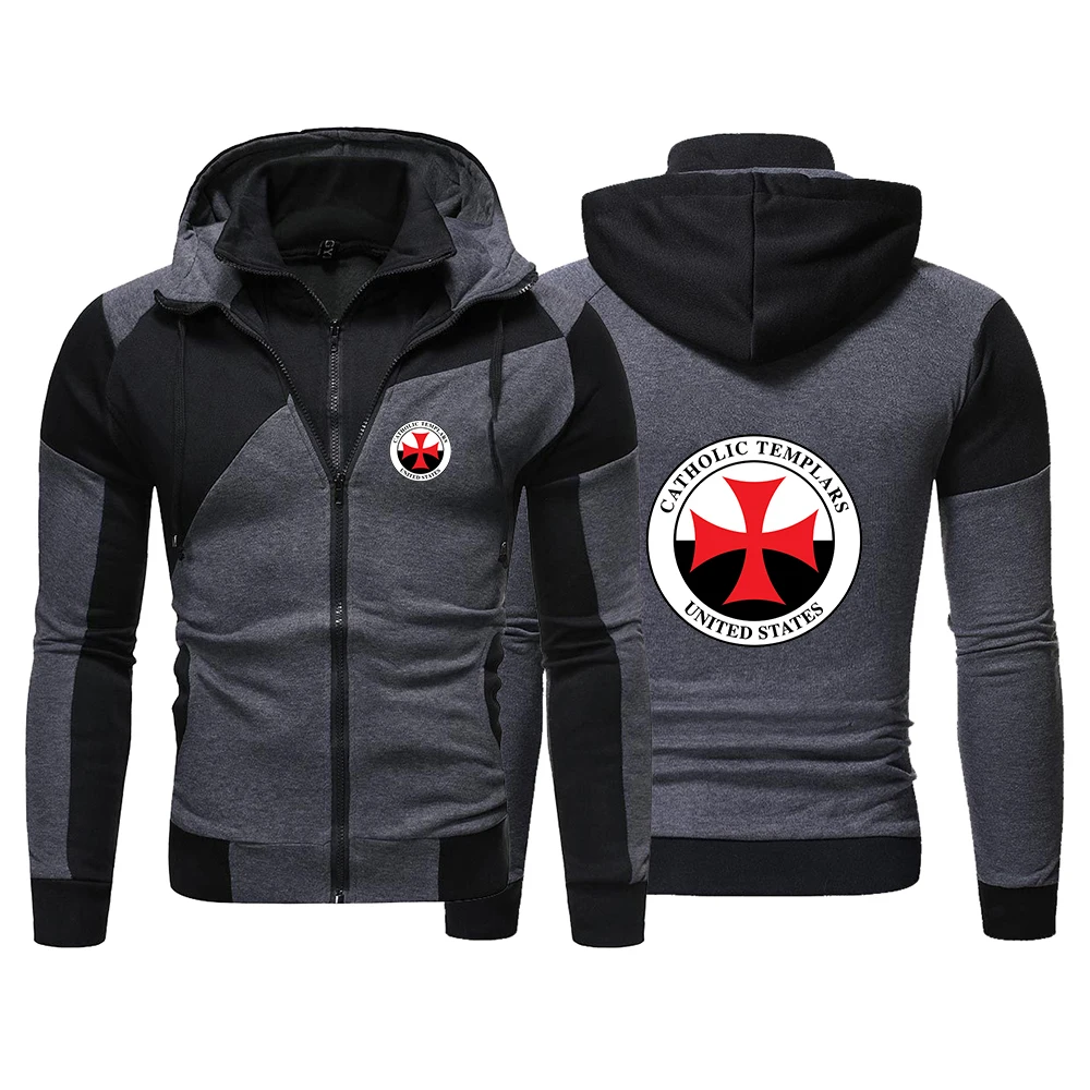 Knights Templar Crusaders Symbol Distressed Cross 2026 Men's Color-blocking Zipper Hoodies Comfortable Harajuku Coat