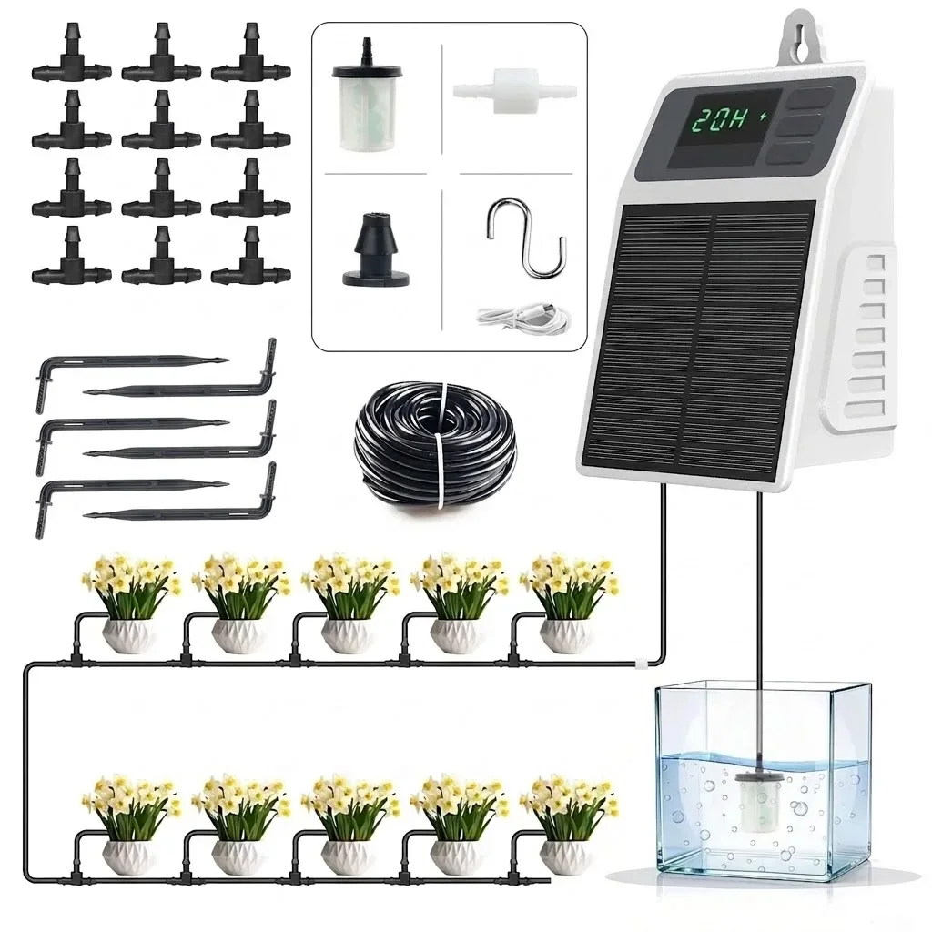 Solar Drip Irrigation System Automatic Watering Plants Supplies Upgraded for Home Garden Balcony Greenhouse Hanging Plants Care