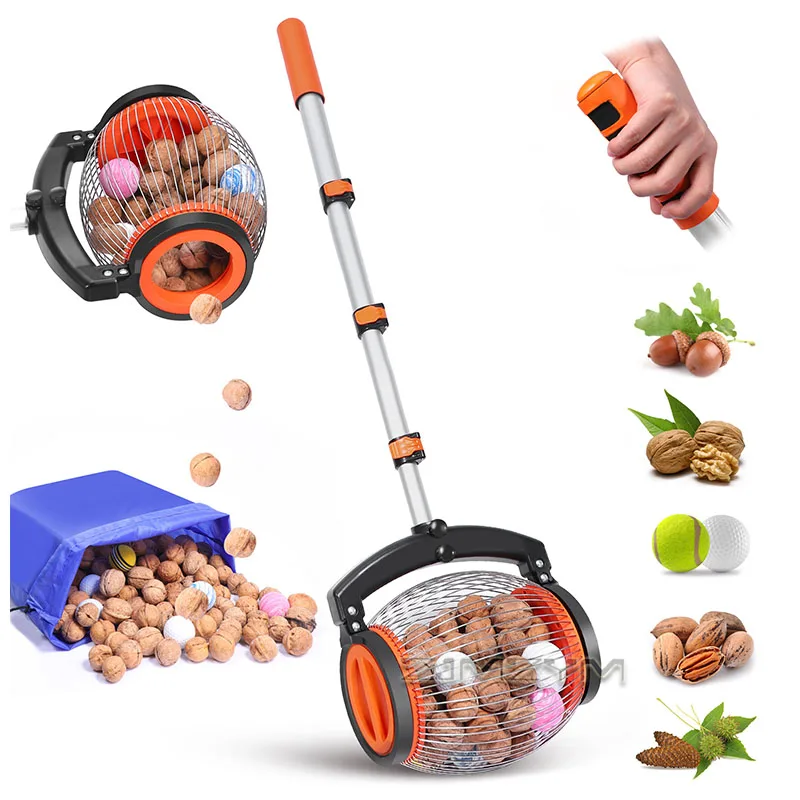 Professional Nut Collection Tools Adjustable Telescopic Nut Picker Upper with Side Dump Stainless Steel Rolling Collector