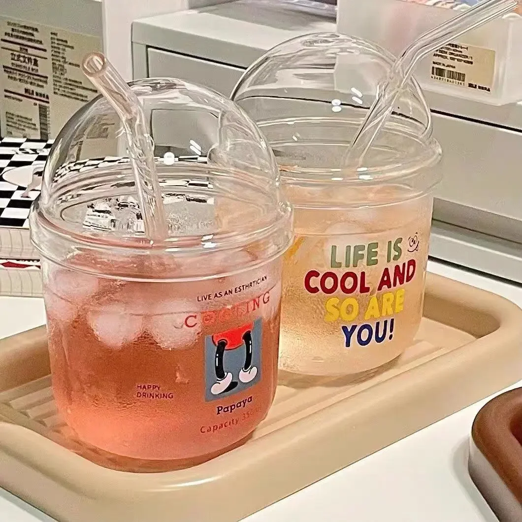Cartoon Transparent Glass Cup with Lid and Straw 440ml Iced Coffee Milk Drink Cocina Straw Mug Bubble Water Cup Cute Cups