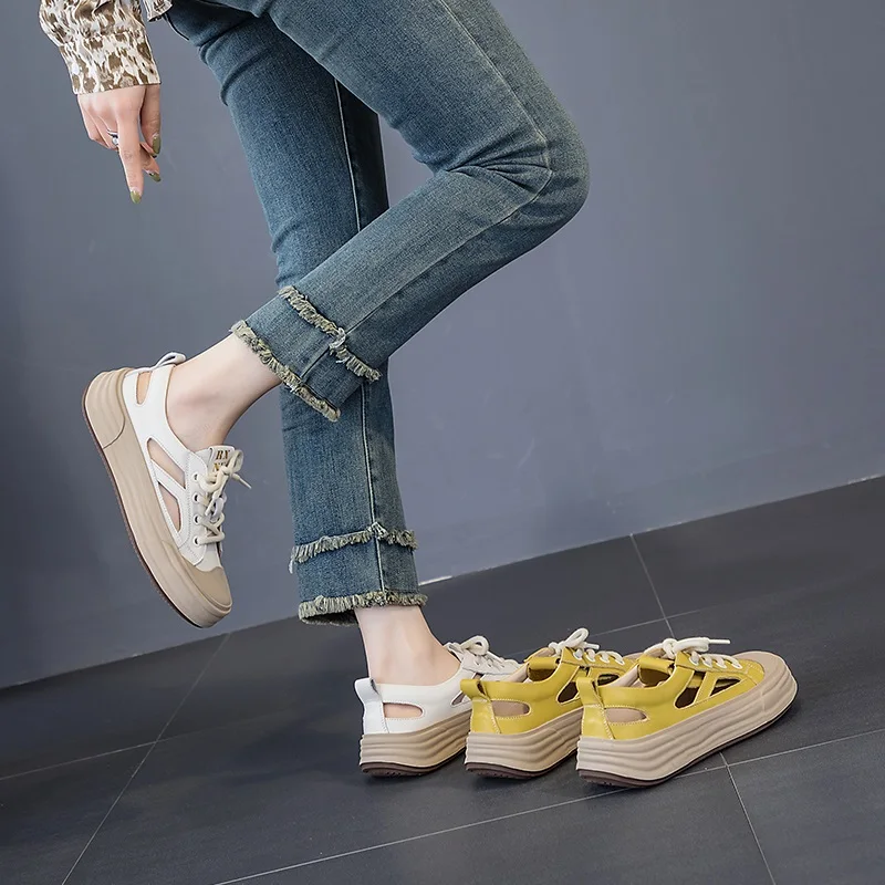 DRKANOL 2024 Hollow Out Summer Shoes Women Genuine Leather Flat Sandals Lace-Up Flat Platform Casual Board Shoes Footwear H69001