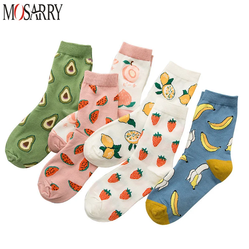 

3 Pairs/Set Women Socks Kawaii Funny Fruit Avocado Strawberry Watermelon Peach Banana Comfortable Female Crew Socks