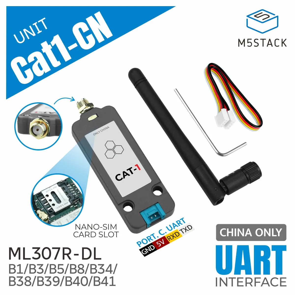 M5Stack Unit Cat1-CN Official Wireless Communication Module Equipped with ML307R-DL for IoT Applications