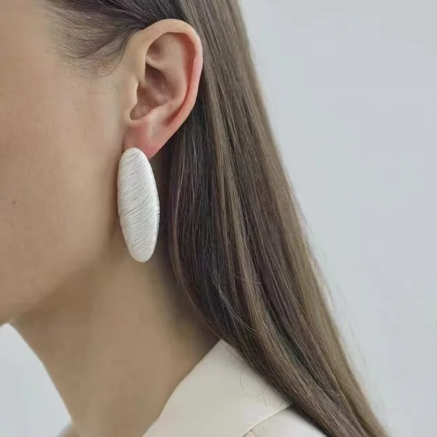 

Jenny&dave White Brushed Striped Oval Earrings For Women 2026 Long Silver Needle Earrings Women's Earrings Ear Cuffs