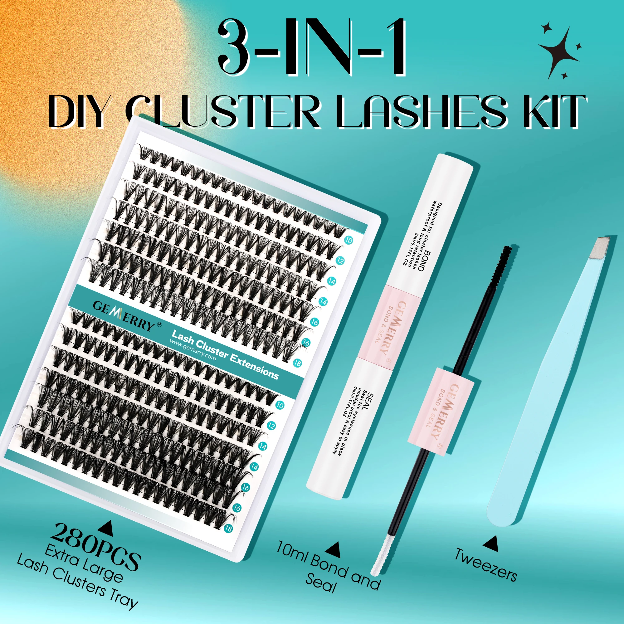 GEMERRY DIY Cluster Eyelash Extensions Kit with Lash Bond and Seal and Tweezers for Beginners 280PCS Individual Makeup at Home