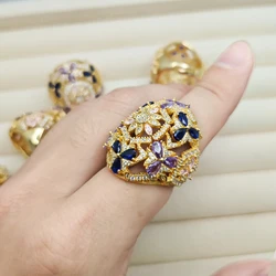 HESHI 925 Sterling Silver Colorful Zircon Inlaid Floral Pattern Huge Surface Adjustable Open Wide Rings for Men Women Party