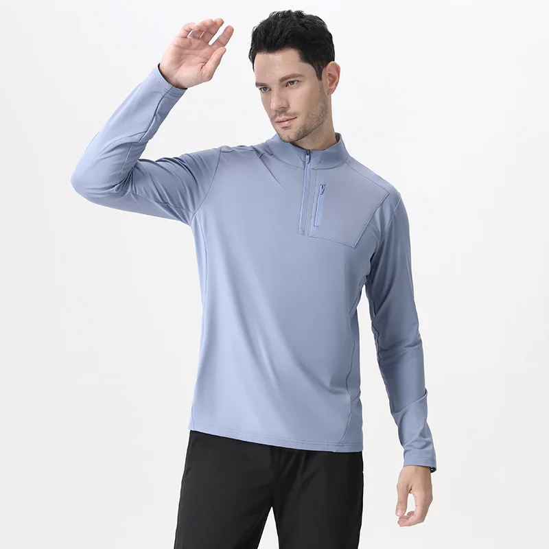 Men's  top Quick-drying breathable sports top Outdoor running elastic autumn and winter velvet stand-up collar long sleeves