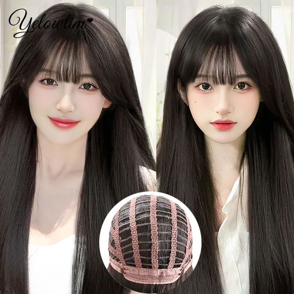 YELOWTI Long Straight Synthetic Wig With Bangs Dark Black Hair Wigs For Women Cosplay Natural Hair Wigs Party Heat Reatural Fake