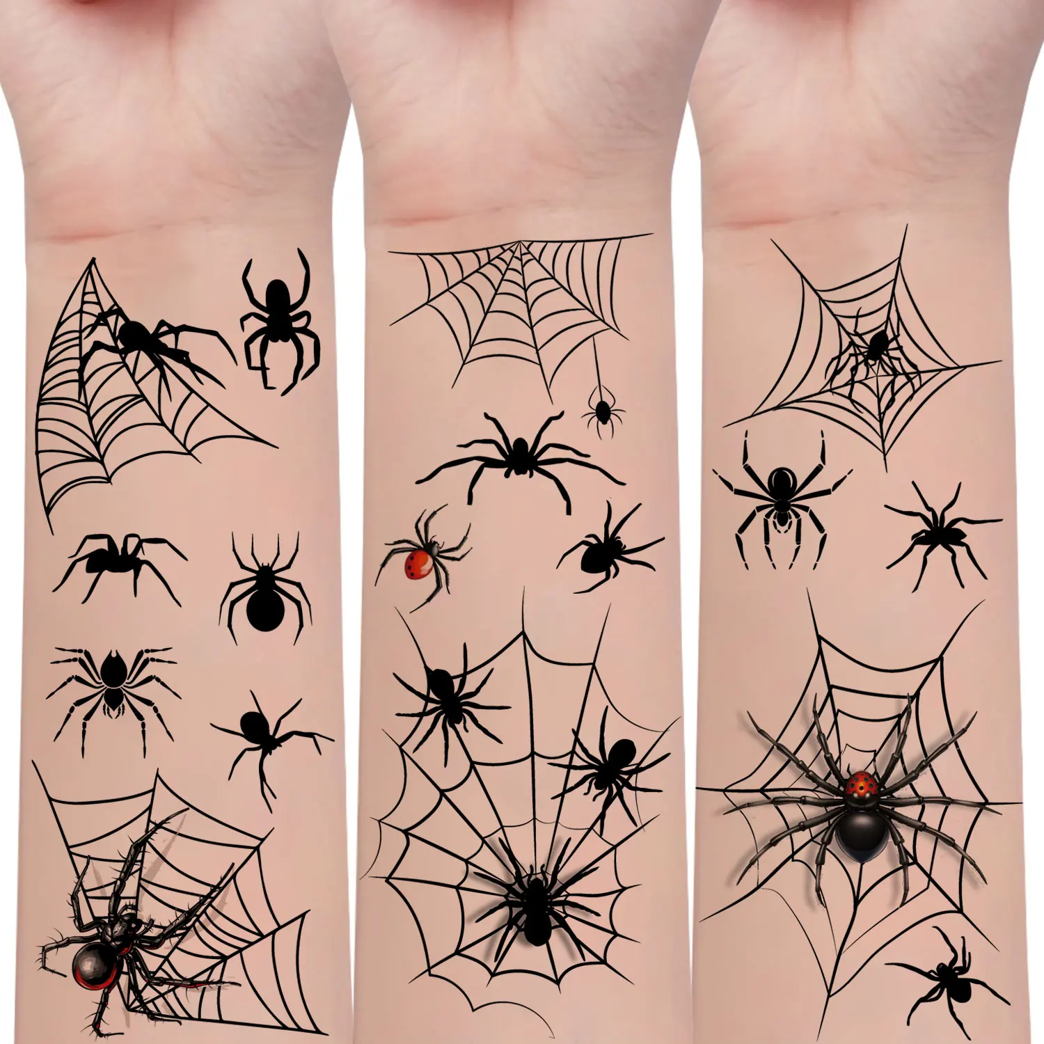 5 Sheets, Temporary Tattoo Stickers, Halloween Spider Series, 45 Black Spider and Spider Web Designs, Body Arm Art Fake Tattoo Stickers Suitable for Halloween Parties