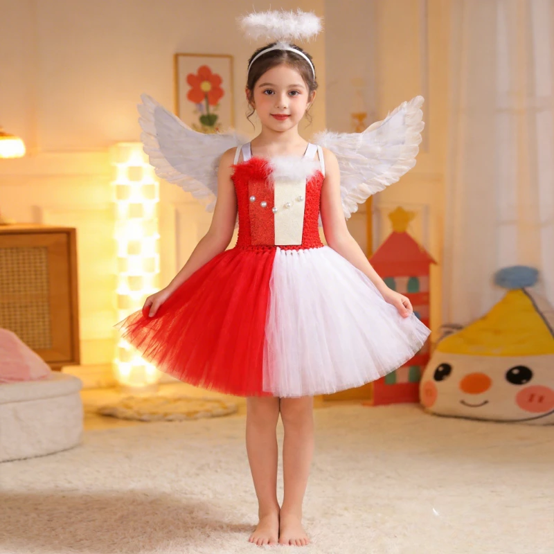 Red and White Angel & Devil Clothes Set for Baby Girls, Tulle Tutu Dress for Halloween Celebrations, Birthdays,Kids' Party Dress
