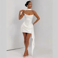 Suninheart elegante vestido con corsé sin tirantes, minivestido drapeado de satén blanco Sexy con bufanda, vestidos de fiesta de cóctel para mujer