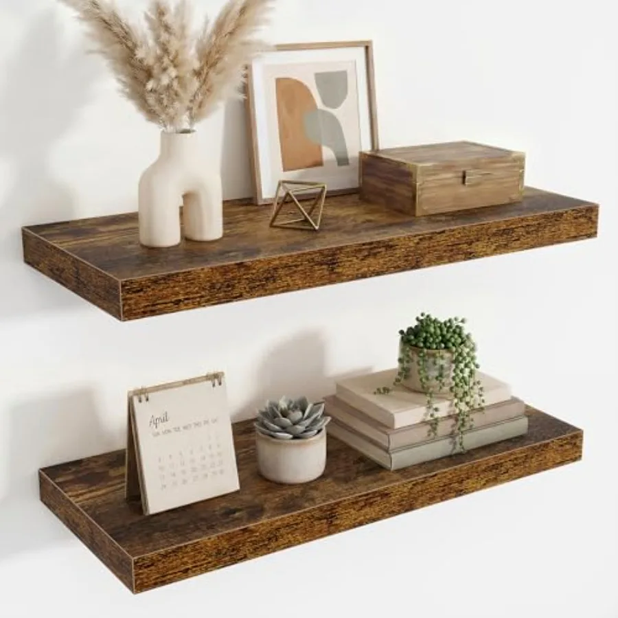 

24 Inch Floating Shelves for Wall Decor 9.3 Deep Rustic Brown Wood Wall-Mounted Display Shelf with Invisible Bracket Ideal for