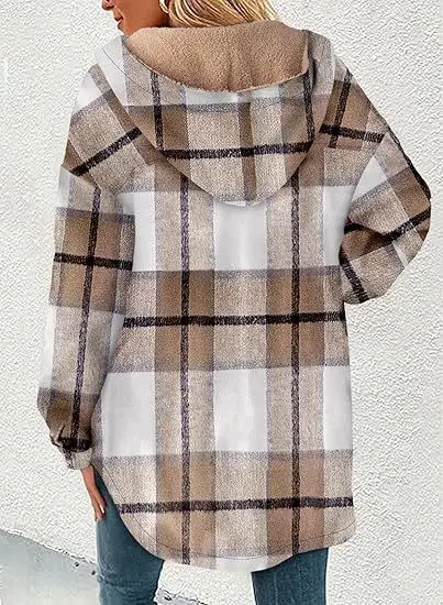 Women Hooded Plaid Shacket Button Down Long Sleeve Oversized Checkered Shirt Jacket Loose Warm Casual Fall Winter Outerwear Coat