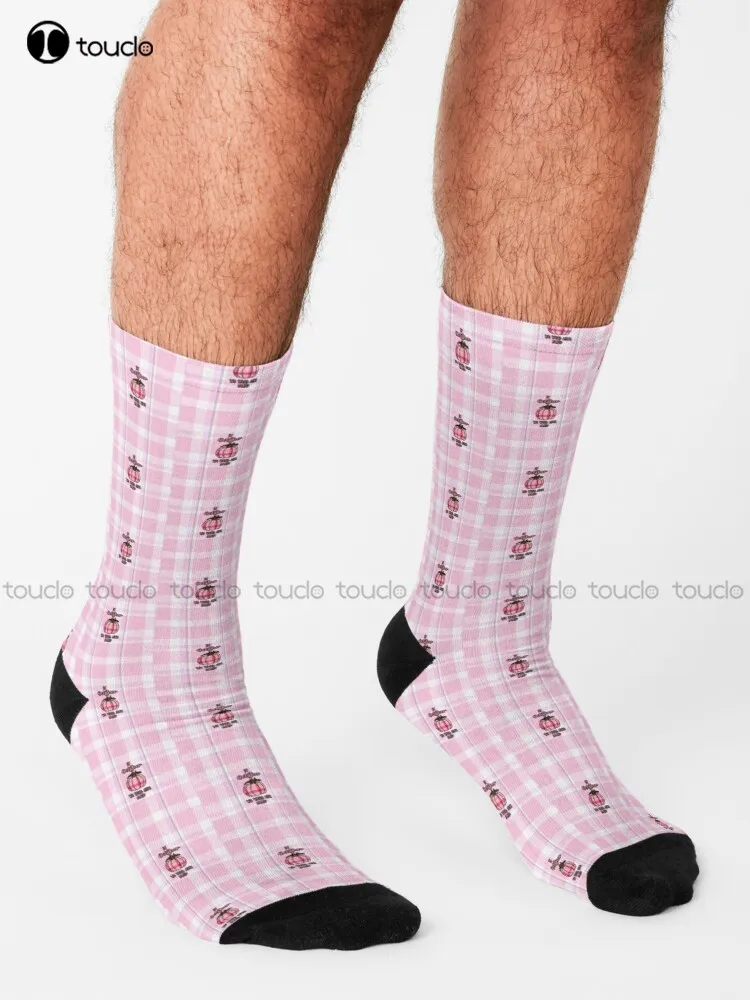 In October We Wear Pink Pumpkin Plaid Socks Yellow Socks Personalized Custom Unisex Adult Teen Youth Socks 360° Digital Print