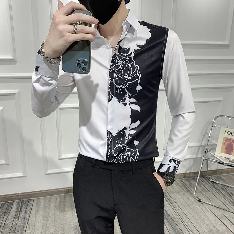 Turn-down Collar Formal Business Temperament Button Printing Asymmetrical Spring Summer Thin Men\'s Clothing Fashion Casual Loose