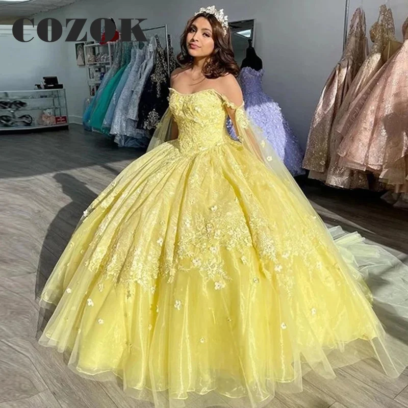 Elegant Tulle Appliques Yellow Quinceanera Dresses Off the Shoulder vintage Ball Gown Vestidos De Quinceañera Custom LF54M