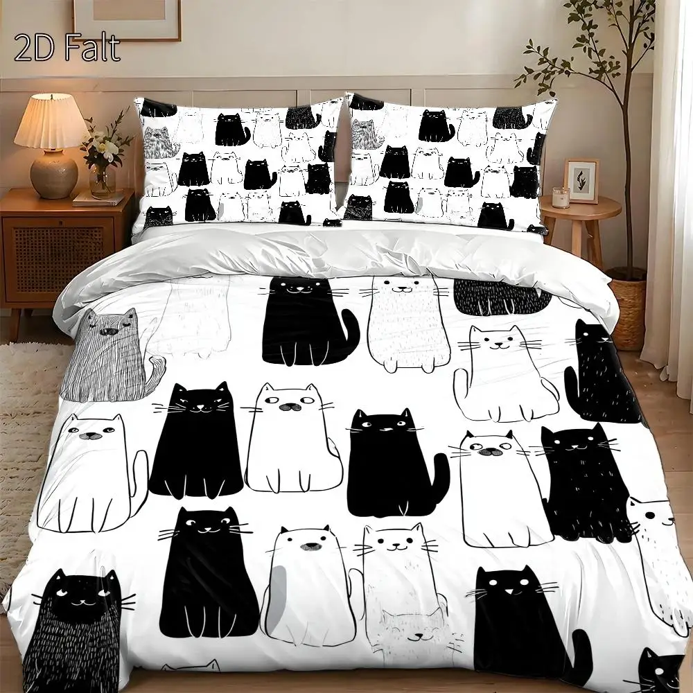 3-Piece Quilt Cover Set, 1 Quilt Cover + 2 Pillowcases (Without Filling) 2D Flat Printing, Three-Piece Quilt Cover Set, Black and White Cat Theme Pattern, Cartoon Hand-Drawn Style, International Cat Day, Suitable for All Seasons, Machine Washable, Invisible Zipper, Large Quilt Cover Set, Bedding Set, Skin-Friendly and Breathable, Soft and Comfortable, Does Not Fade or Pill, Suitable for Home/Dormitory/Master Bedroom/Guest Room