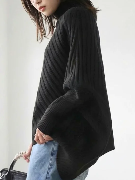 เสื้อไหมพรมคอสูงทรงปีกค้างคาวแบบอสมมาตรสำหรับผู้หญิง สวมใส่สบาย ทรงหลวมทันสมัย ผลิตจากโพลีเอสเตอร์ แขนยาว ให้ความอบอุ่น