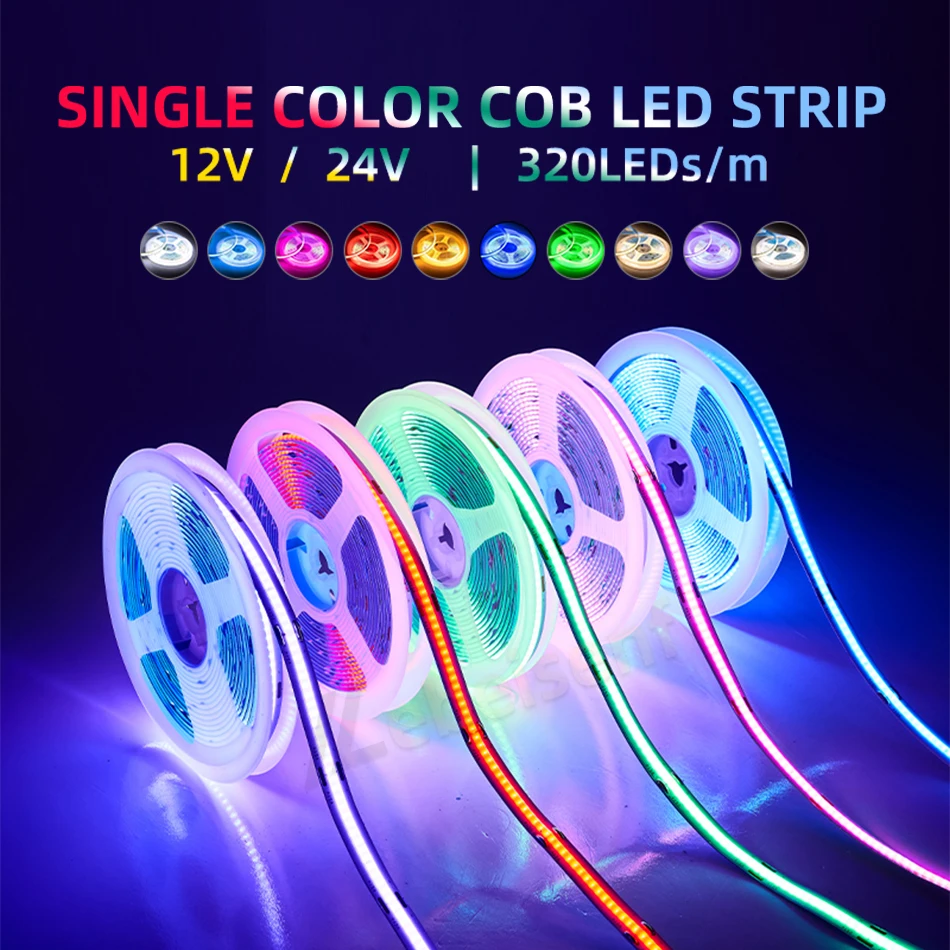 5/10m Super Bright FOB Single Color COB LED Strip Light Flexible 8MM PCB Width Neon Tape 12V 24V For Kitchen Cabinet Room Decor