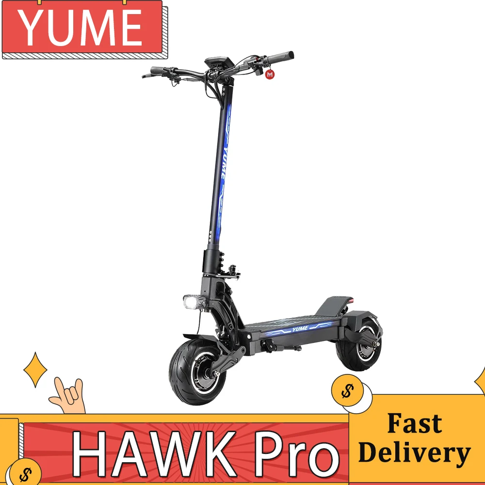 YUME HAWK Pro Electric Scooter 10*4.5 inch Tubeless Road Tires 3000W*2 Motor 60V 30Ah Battery 80km/h Max Speed 96km Max Range