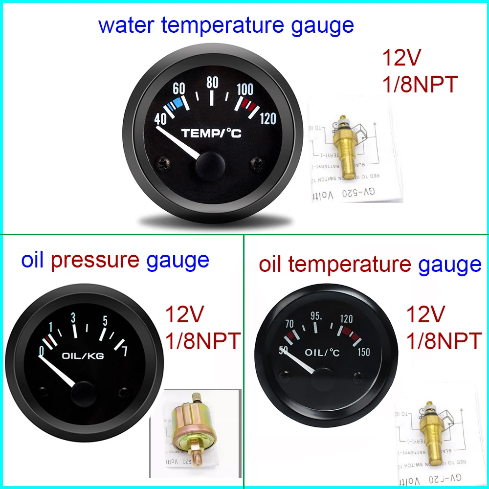 12V 52mm Water Temperature Oil Temperature Gauge Oil Press kg Gauge with 1/8NPT Sensors 2' 52mm Car Gauges Automotive Gauges