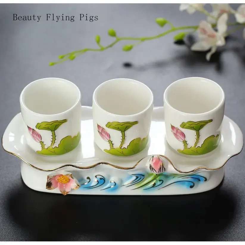 4pcs/lot Triple Cup with Base, Buddha Cup Ceramic, Relief Painting, Lotus Shot Glass, Great Sorrow Water Cup