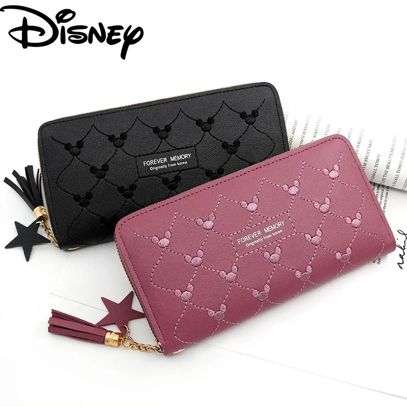 

Disney Anime Mickey Mouse Head Embroidery Wallet Multi-card ID Card Holders Tassel Pendant Clutch Bag Leisure Leather Purse Gift